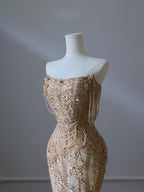 Pretty Mermaid Strapless Gold Sequin Beads Long Classy Prom Dress Classy Evening Dress