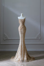 Pretty Mermaid Strapless Gold Sequin Beads Long Evening Prom Dress Formal Evening Dress