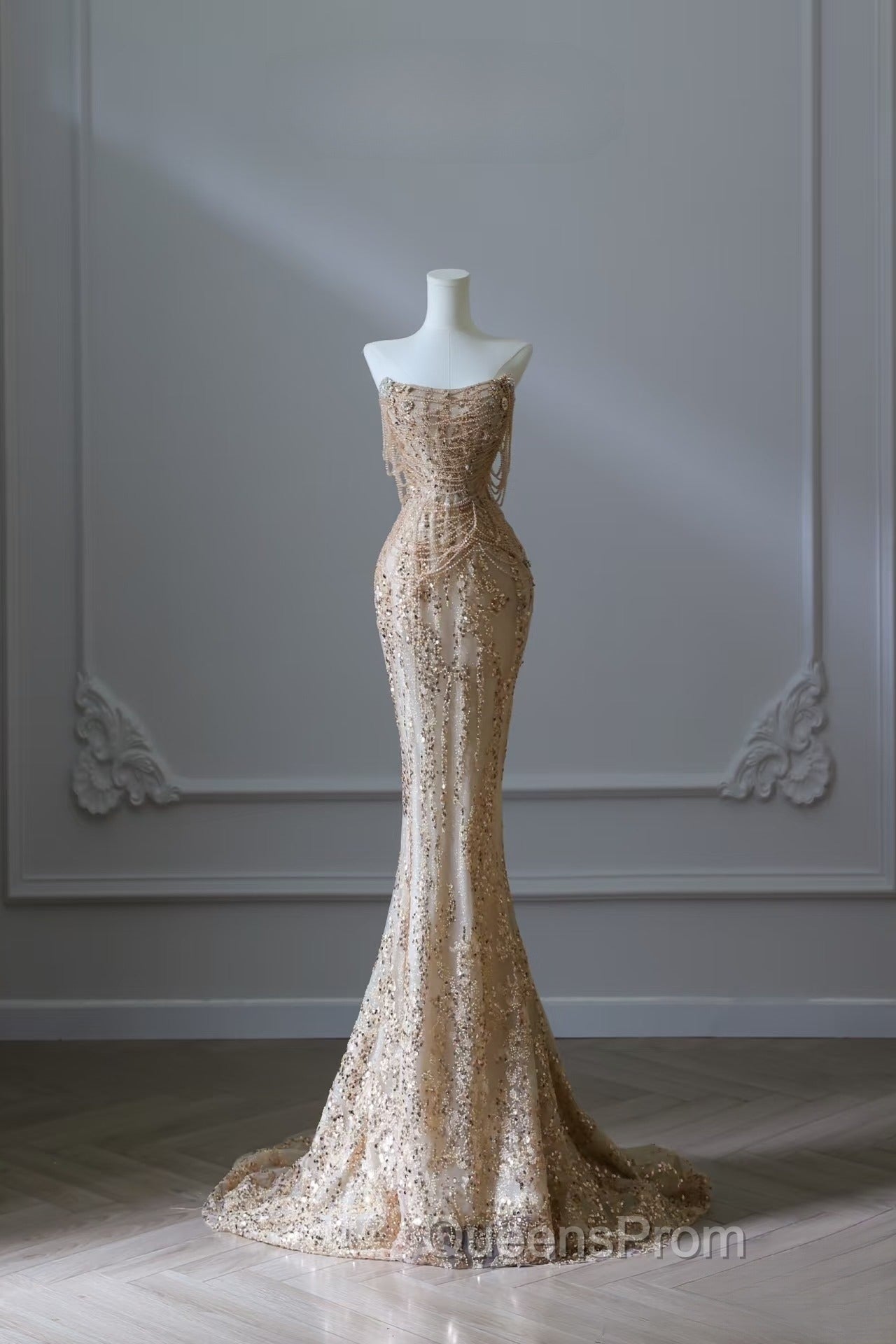 Pretty Mermaid Strapless Gold Sequin Beads Long Evening Prom Dress Formal Evening Dress