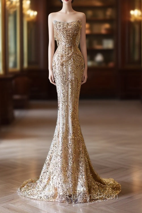 Pretty Mermaid Strapless Gold Sequin Beads Long Evening Prom Dress Formal Evening Dress