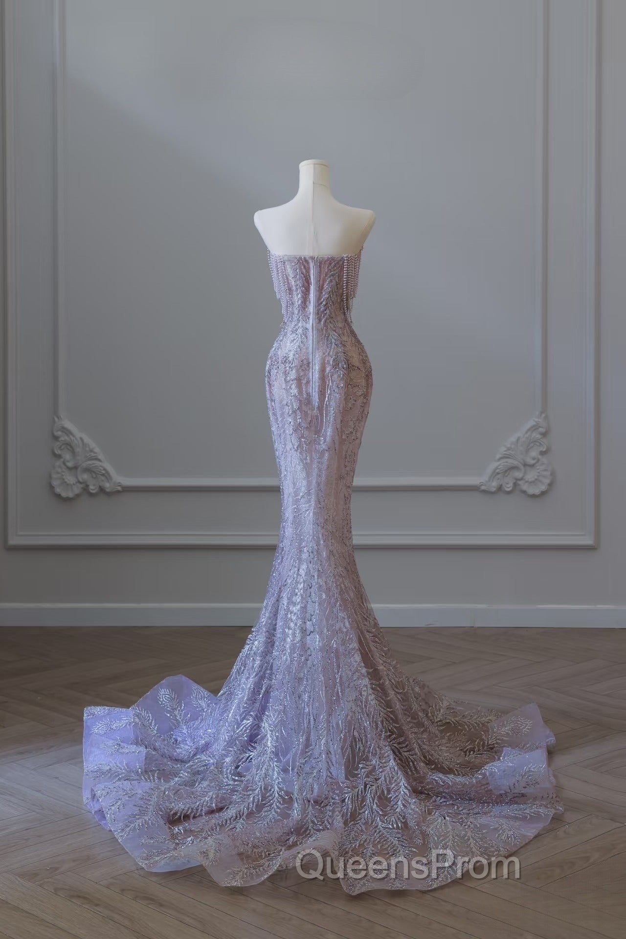Pretty Mermaid Strapless Lilac Sequin Beads Long Evening Prom Dress Formal Evening Dress