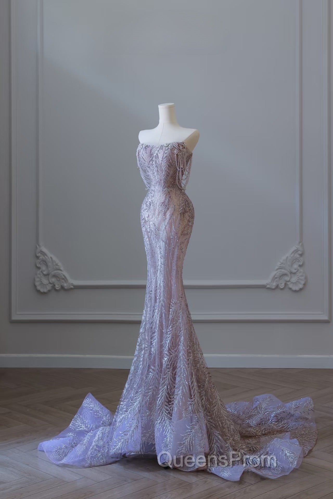 Pretty Mermaid Strapless Lilac Sequin Beads Long Evening Prom Dress Formal Evening Dress