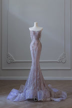 Pretty Mermaid Strapless Lilac Sequin Beads Long Evening Prom Dress Formal Evening Dress