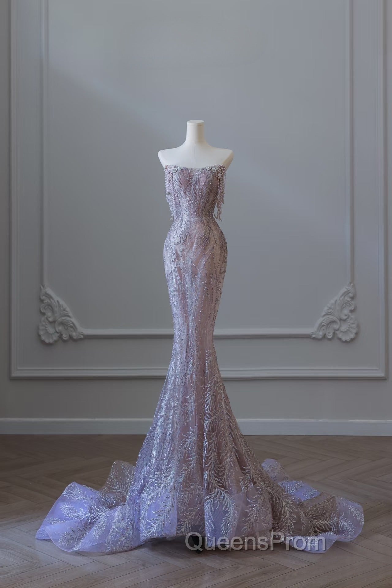 Pretty Mermaid Strapless Lilac Sequin Beads Long Evening Prom Dress Formal Evening Dress