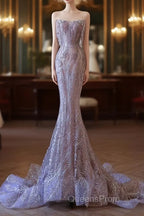 Pretty Mermaid Strapless Lilac Sequin Beads Long Evening Prom Dress Formal Evening Dress