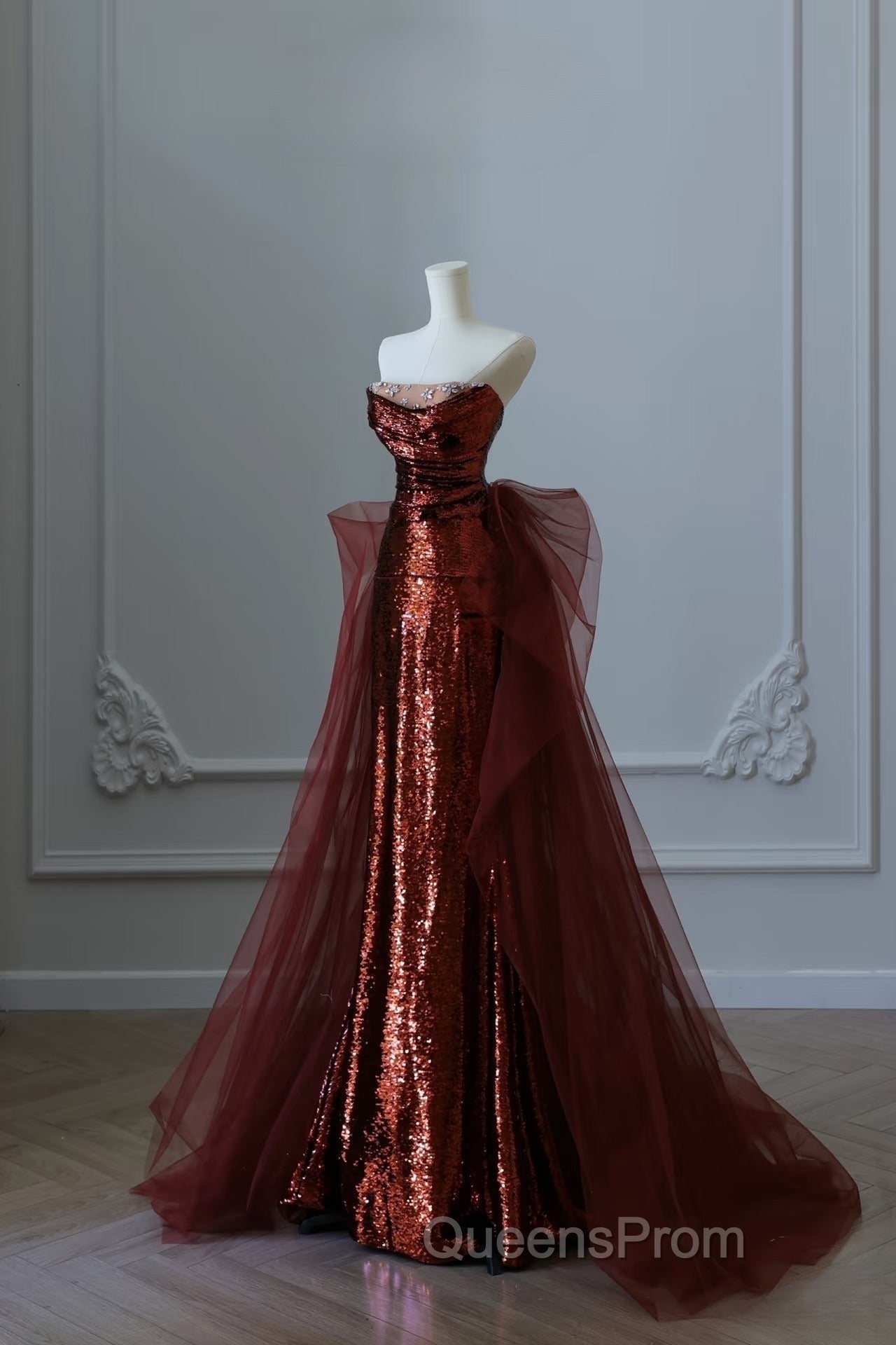 Pretty Mermaid Strapless Sequin Long Burgundy Ruffles Long Evening Prom Dress Formal Evening Dress Secondary image