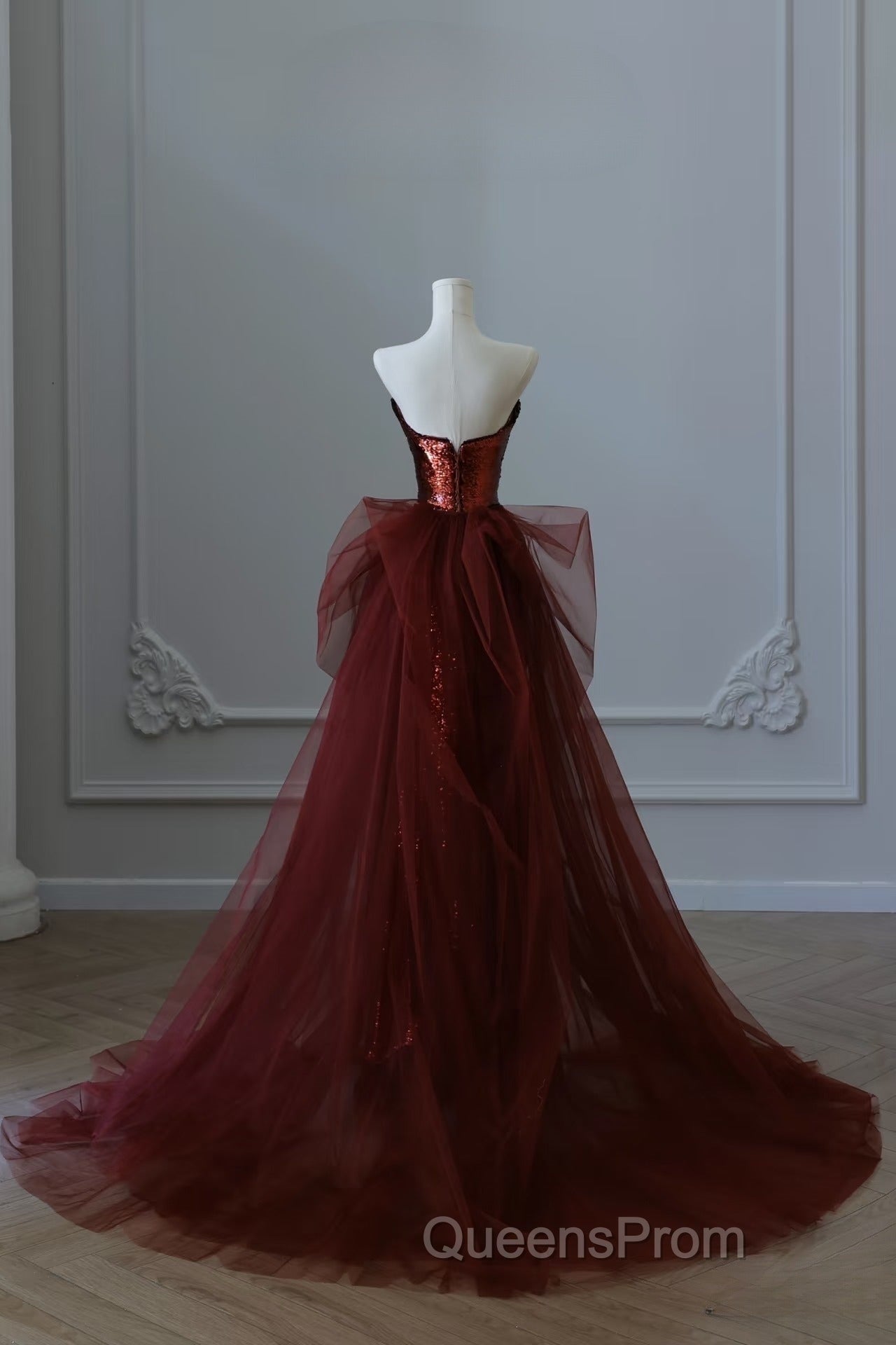 Pretty Mermaid Strapless Sequin Long Burgundy Ruffles Long Evening Prom Dress Formal Evening Dress