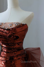 Pretty Mermaid Strapless Sequin Long Burgundy Ruffles Long Evening Prom Dress Formal Evening Dress