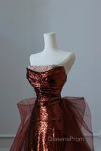 Pretty Mermaid Strapless Sequin Long Burgundy Ruffles Long Evening Prom Dress Formal Evening Dress