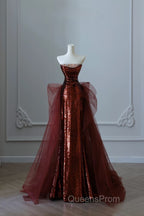 Pretty Mermaid Strapless Sequin Long Burgundy Ruffles Long Evening Prom Dress Formal Evening Dress