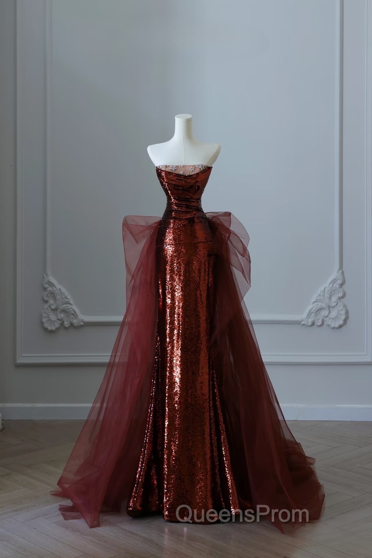 Pretty Mermaid Strapless Sequin Long Burgundy Ruffles Long Evening Prom Dress Formal Evening Dress