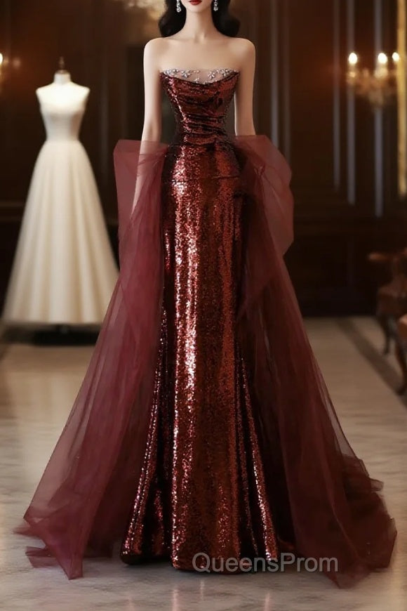 Pretty Mermaid Strapless Sequin Long Burgundy Ruffles Long Evening Prom Dress Formal Evening Dress Main image