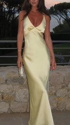 Pretty Mermaid V Neckline Long Yellow Satin Party Dress Classy Prom Dress