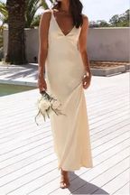 Pretty Mermaid V Neckline Long Yellow Satin Party Dress Classy Prom Dress