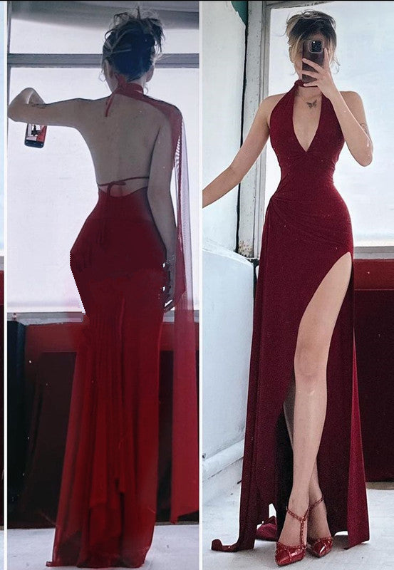 Pretty Mermaid V Neckline Red Chiffon Backless Long Classy Prom Dress Party Dress