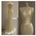 Pretty Mermaid V Neckline Yellow Satin Classy Prom Dress With Ruffle Long Classy Evening Dress