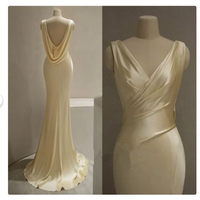 Pretty Mermaid V Neckline Yellow Satin Classy Prom Dress With Ruffle Long Classy Evening Dress