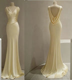 Pretty Mermaid V Neckline Yellow Satin Classy Prom Dress With Ruffle Long Classy Evening Dress