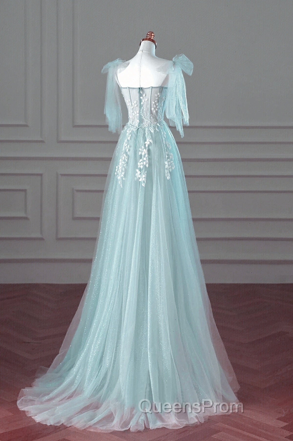 Pretty Mint Blue Tulle With Lace A-Line Long Party Dress, Mint Blue Evening Prom Dress Fornal Dress Secondary image