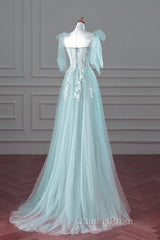 Pretty Mint Blue Tulle With Lace A-Line Long Party Dress, Mint Blue Evening Prom Dress Fornal Dress
