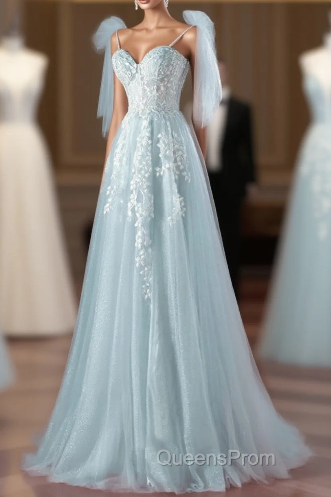 Pretty Mint Blue Tulle With Lace A-Line Long Party Dress, Mint Blue Evening Prom Dress Fornal Dress Main image