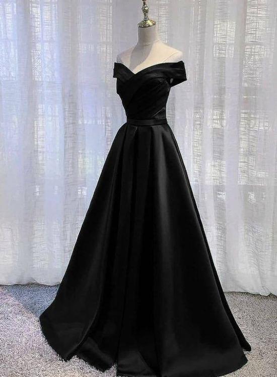 Pretty Off Shoulder Black Satin A-Line Party Dress Classy Dress, Long Black Classy Prom Dress Main image
