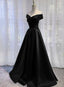 Pretty Off Shoulder Black Satin A-Line Party Dress Classy Dress, Long Black Classy Prom Dress
