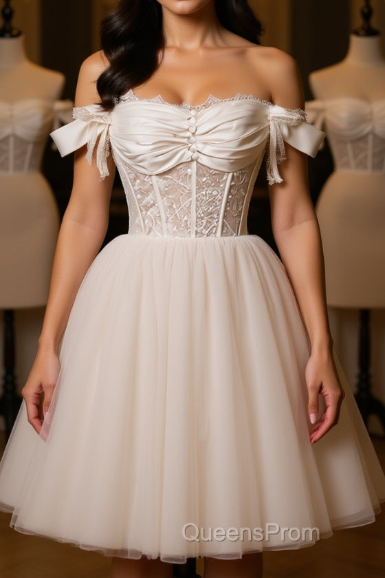 Pretty Off Shoulder Ivory Evening Prom Dress Short, Ivory Homecoming Dress, Formal Graduation Evening Dress Main image