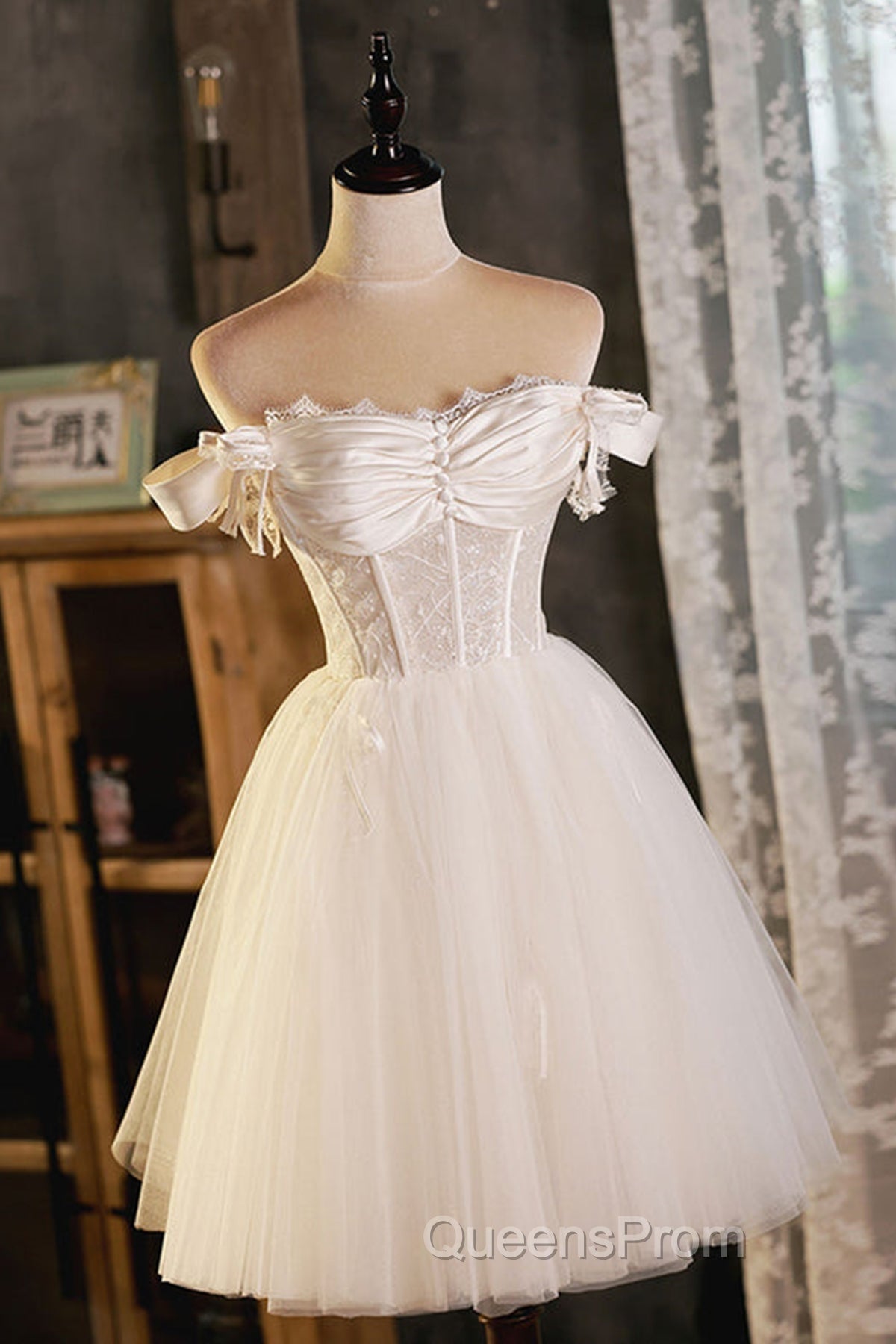 Pretty Off Shoulder Ivory Evening Prom Dress Short, Ivory Homecoming Dress, Formal Graduation Evening Dress Secondary image
