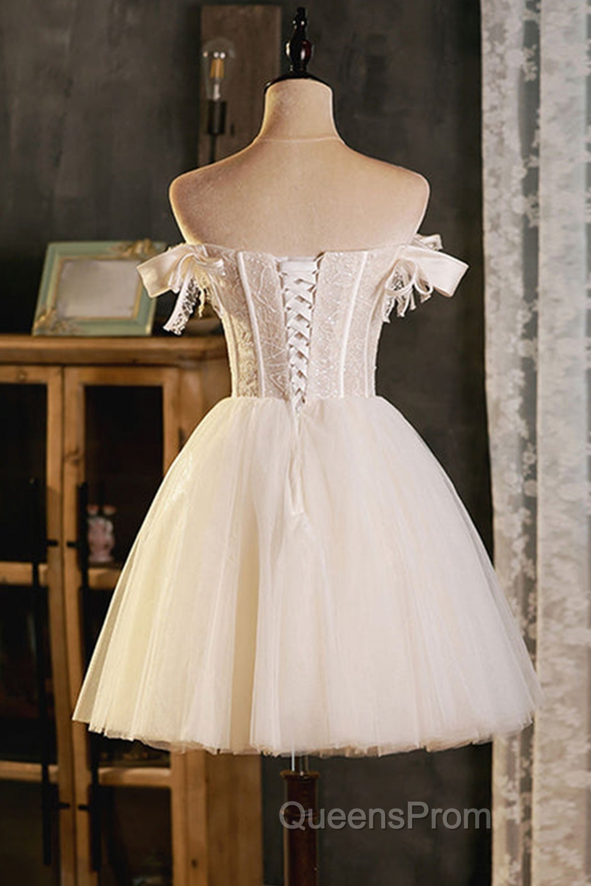 Pretty Off Shoulder Ivory Evening Prom Dress Short, Ivory Homecoming Dress, Formal Graduation Evening Dress