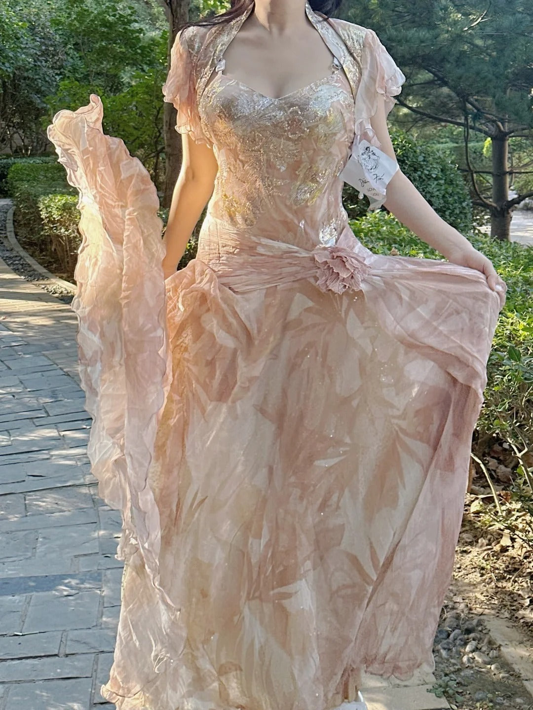 Pretty Pink Floral Print A-Line Chiffon Long Classy Prom Dress
