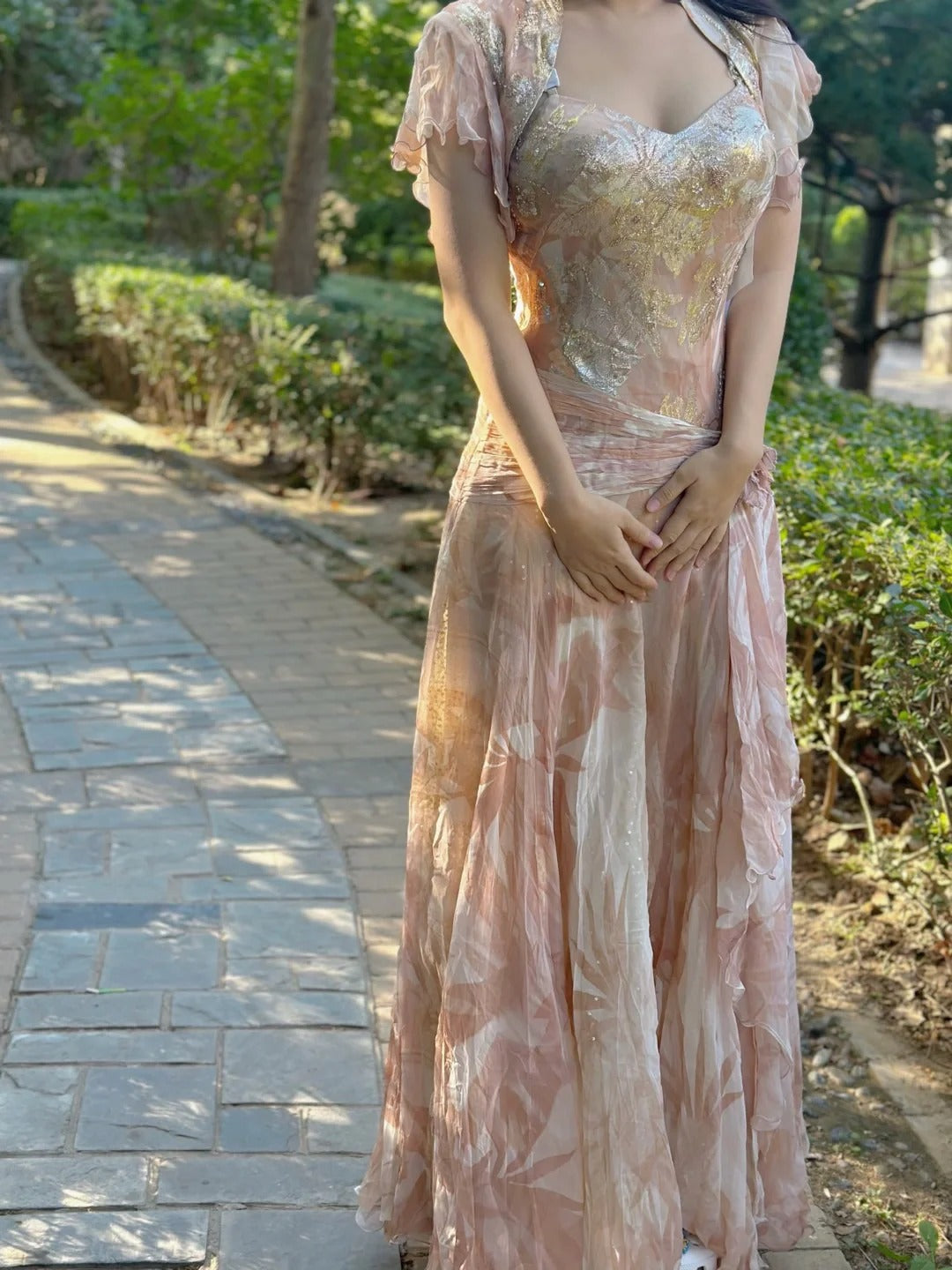 Pretty Pink Floral Print A-Line Chiffon Long Classy Prom Dress
