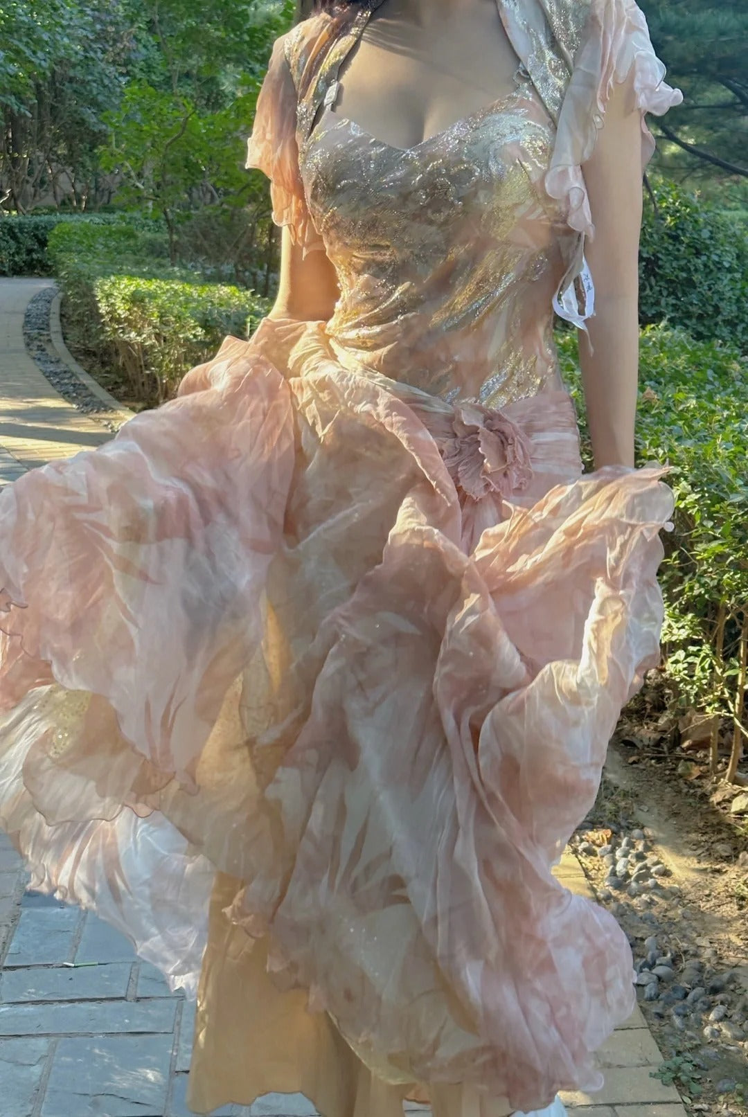 Pretty Pink Floral Print A-Line Chiffon Long Classy Prom Dress