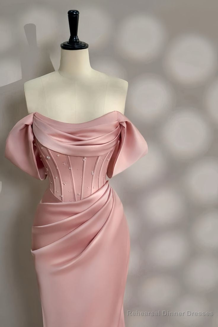 Pretty Pink Mermaid Evening Dress Pearl Beading Off Shoulder Prom Dress Secondary image