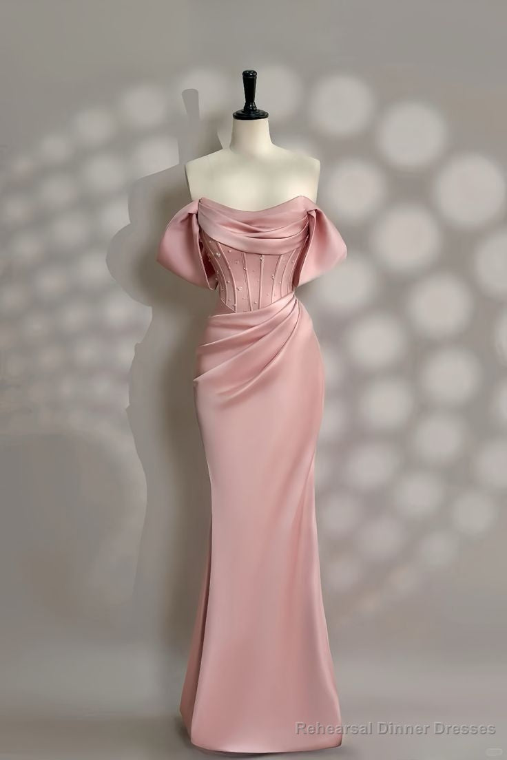 Pretty Pink Mermaid Evening Dress Pearl Beading Off Shoulder Prom Dress Main image