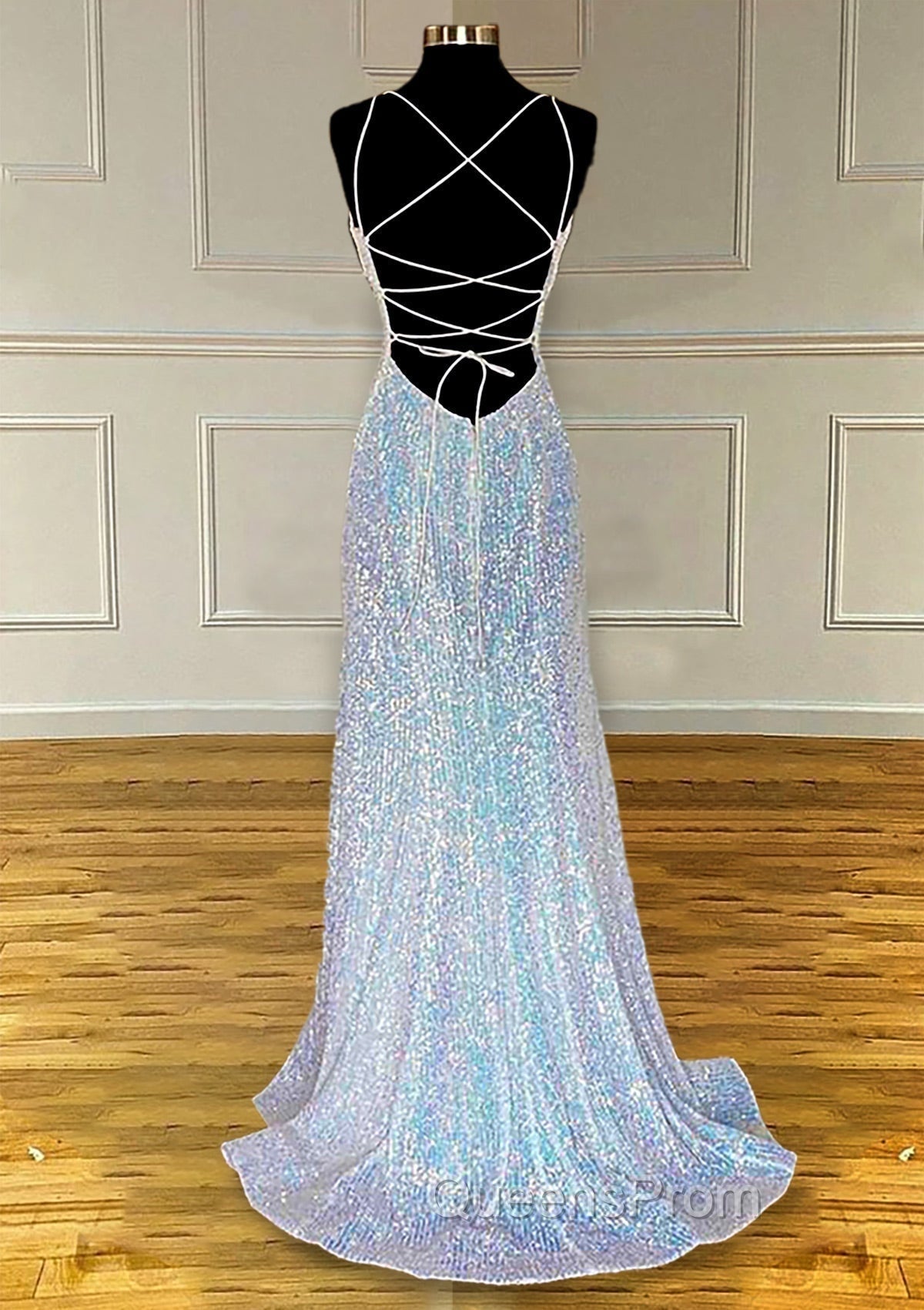 Pretty Evening Prom Dress, Sheath/Column V Neck Spaghetti Straps Sweep Train Sequined Evening Prom Dress With Pleated Secondary image