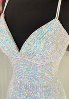 Pretty Evening Prom Dress, Sheath/Column V Neck Spaghetti Straps Sweep Train Sequined Evening Prom Dress With Pleated