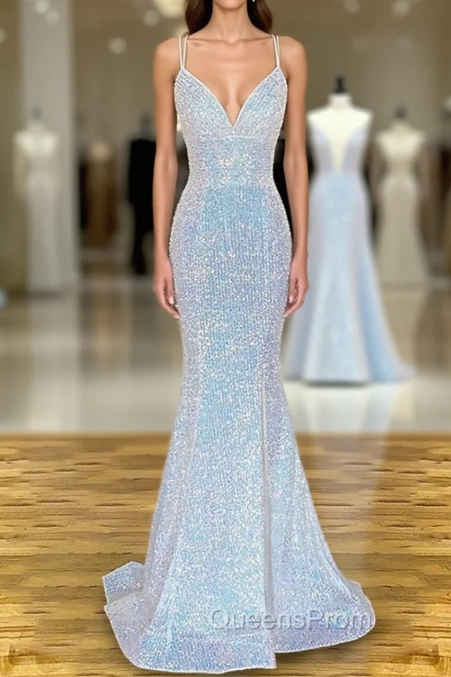 Pretty Evening Prom Dress, Sheath/Column V Neck Spaghetti Straps Sweep Train Sequined Evening Prom Dress With Pleated Main image