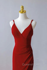 Pretty Red Mermaid Straps Long Evening Dress With Leg Slit, Red Evening Prom Dress