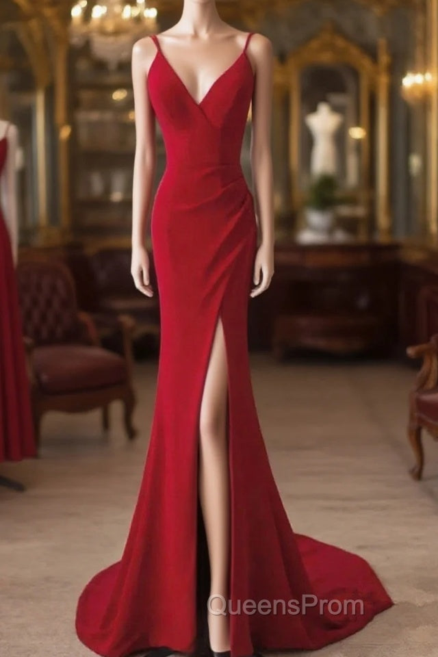 Pretty Red Mermaid Straps Long Evening Dress With Leg Slit, Red Evening Prom Dress Main image