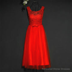 Pretty Red Tulle and Lace Tea Length Party Dress, Red Bridesmaid Dress