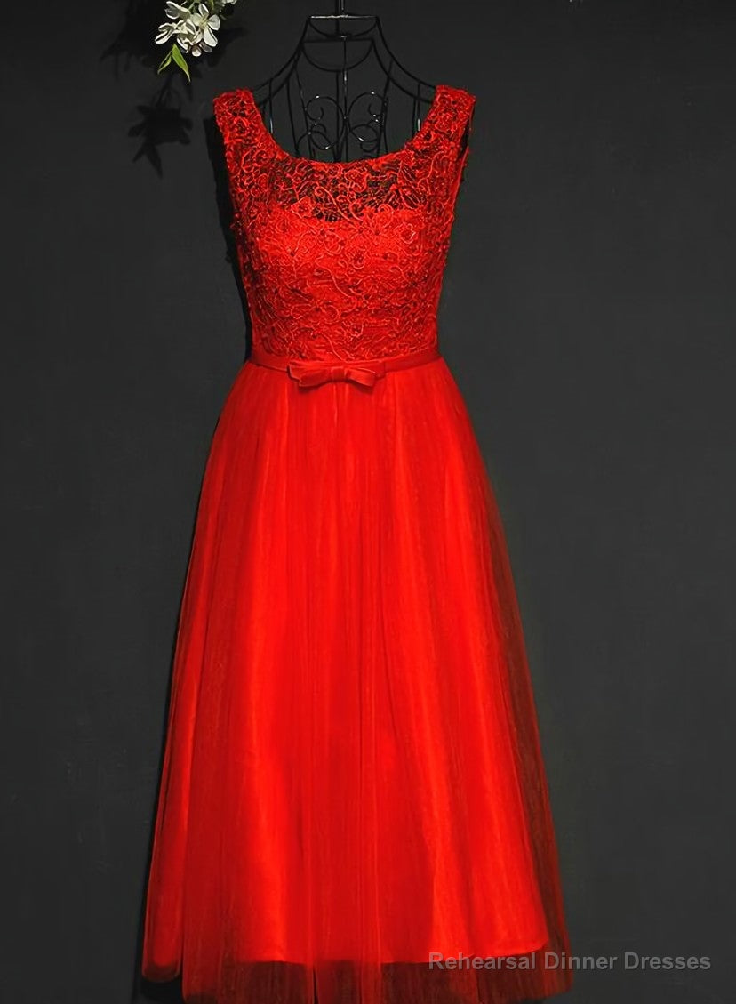 Pretty Red Tulle and Lace Tea Length Party Dress, Red Bridesmaid Dress Secondary image