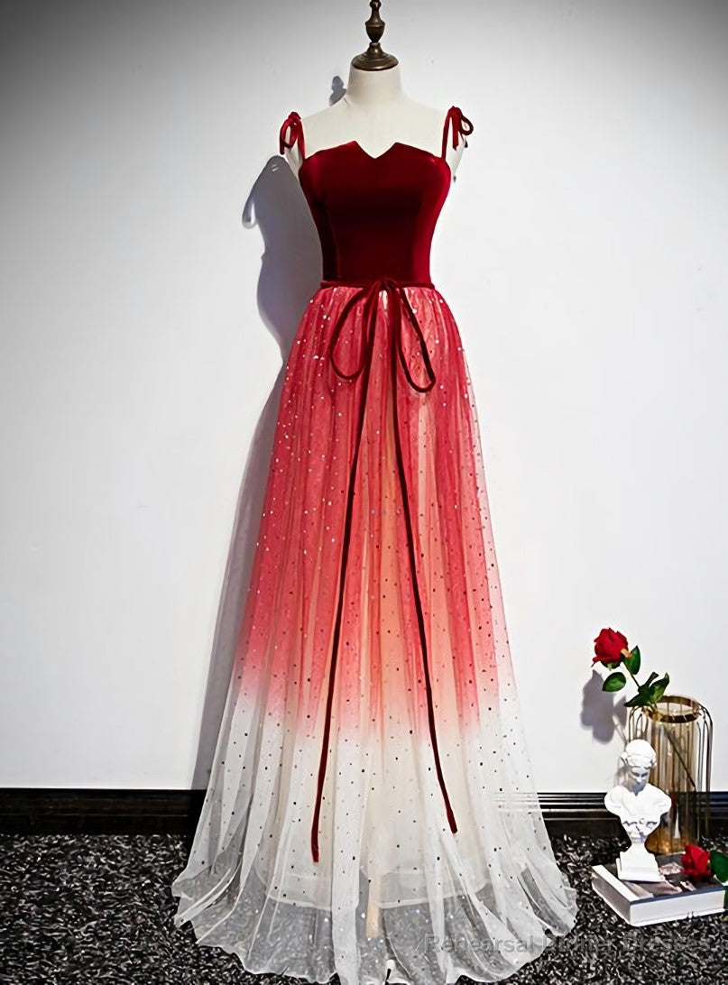 Pretty Red Tulle with Sequins Long Party Gown, Red Formal Dress Main image
