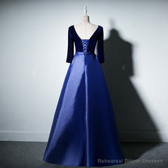 Pretty Royal Blue Long Sleeves Satin with Velvet Party Dress, A-line Long Prom Dress