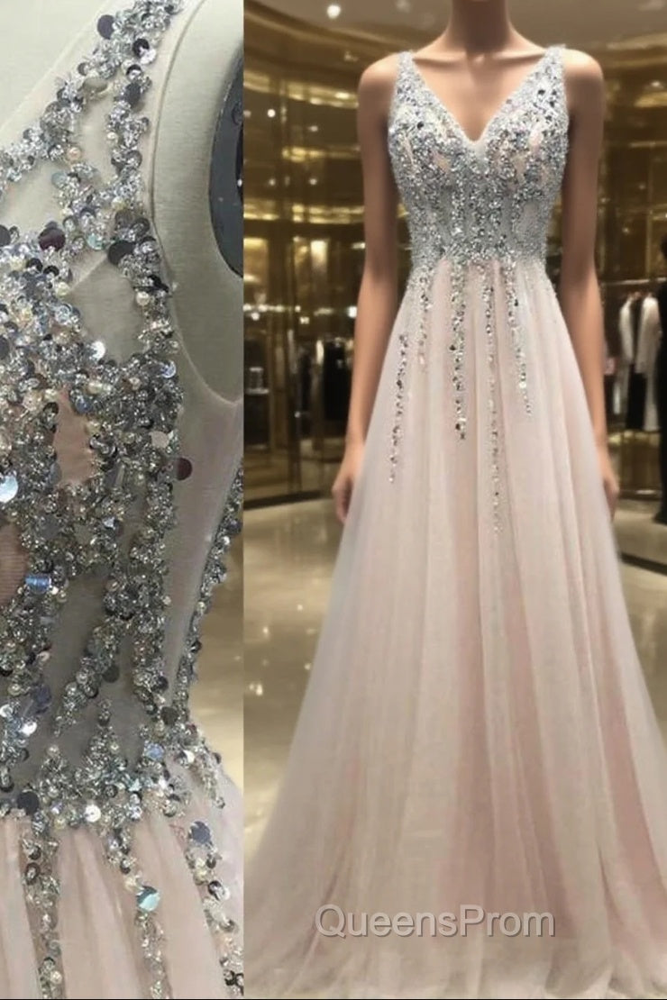 Pretty Sequins Long Tulle V-Neck Evening Prom Evening Gowns Main image