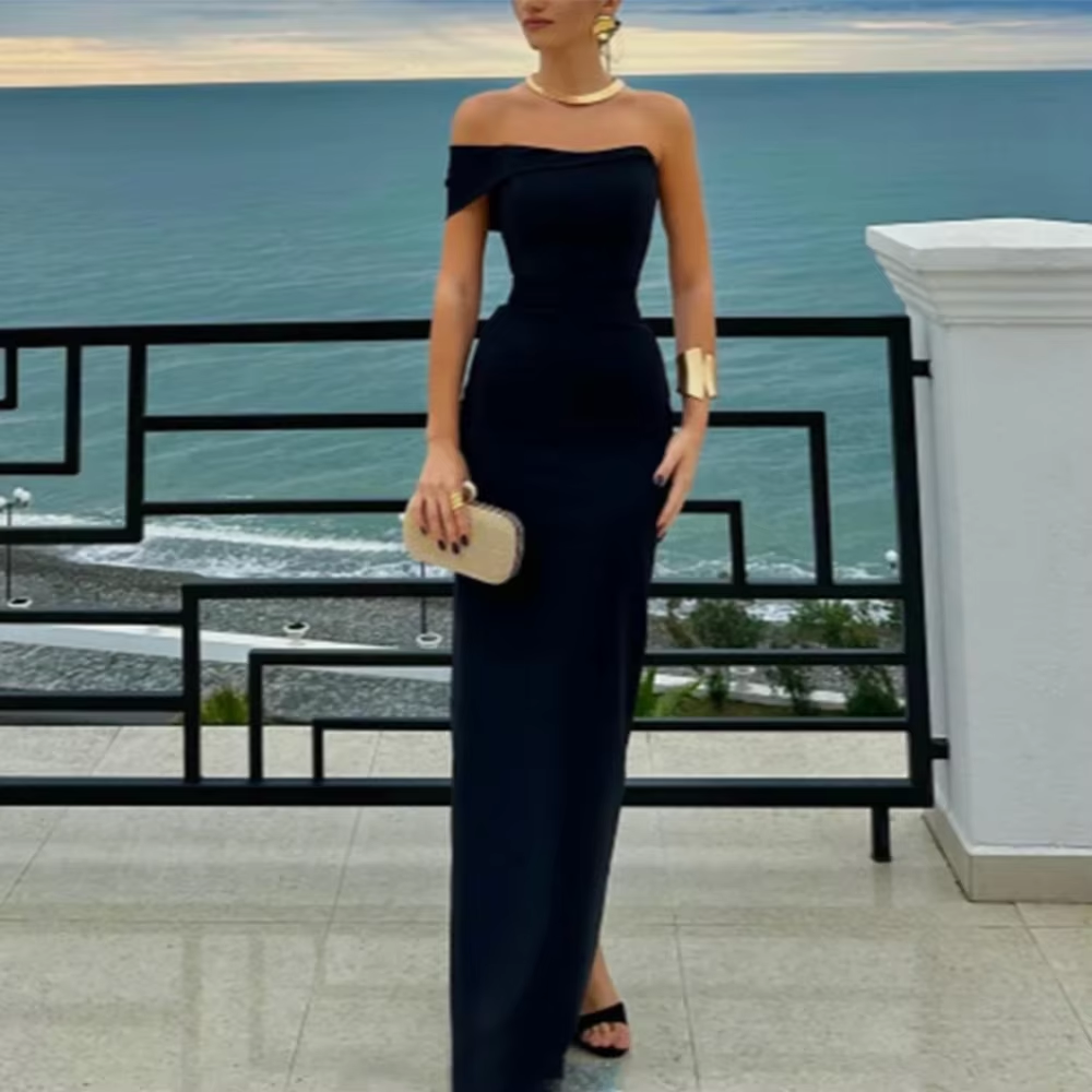 Pretty Sheath Off The Shoulder Black Long Classy Prom Dress Party Dress