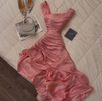Pretty Sheath Pink Long Ruffles Prom Dresses Formal Evening Dress