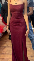 Pretty Sheath Spaghetti Straps Burgundy Slit Long Classy Evening Dress Classy Prom Dress