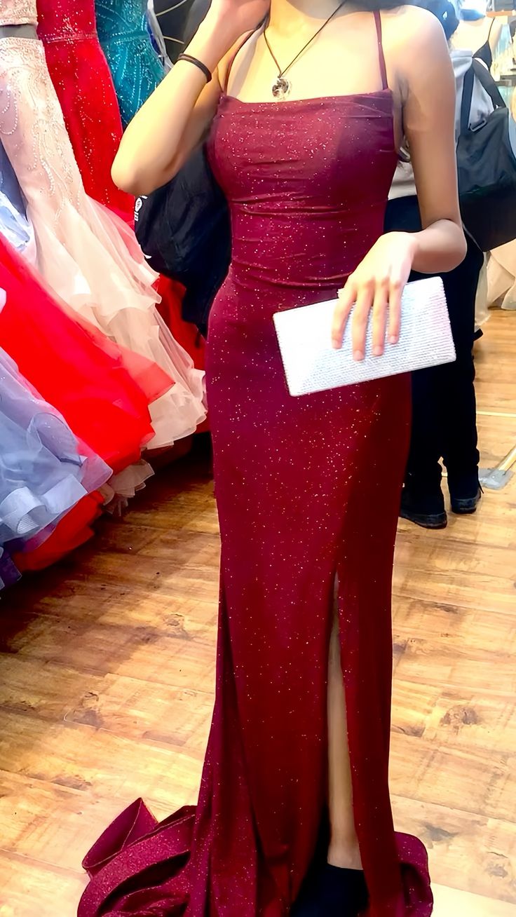 Pretty Sheath Spaghetti Straps Burgundy Slit Long Classy Evening Dress Classy Prom Dress