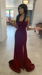 Pretty Sheath Spaghetti Straps Burgundy Slit Long Classy Evening Dress Classy Prom Dress
